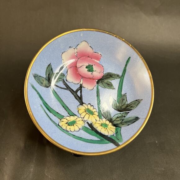 VTG Asian Porcelain Bowl-Bright Blue Glaze,Pink Peony Floral,Brass Wall Decor - Picture 1 of 10
